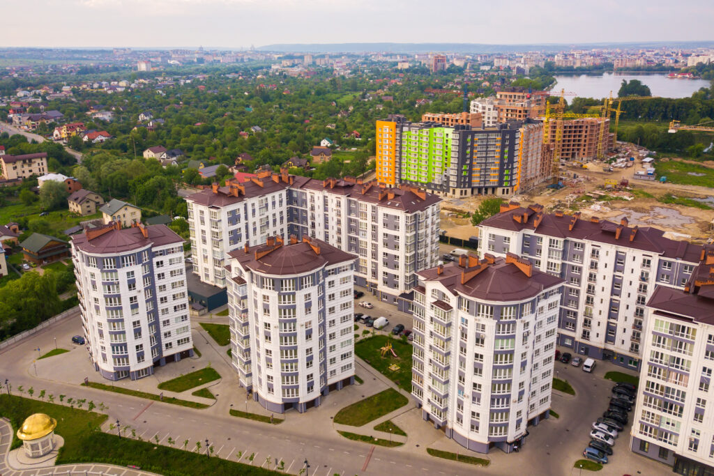 Aerial view of city residential area with high apartment buildings