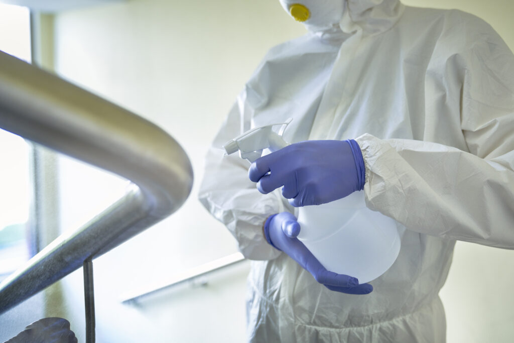 Close up of disinfection with a spray bottle